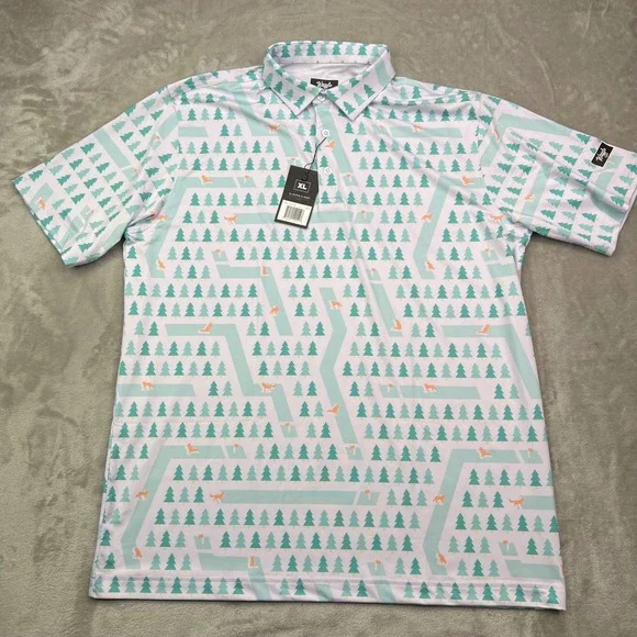 Waggle Fox Holes Polo Shirt Mens Large White Green Fox Print Stretch Performance - Picture 2 of 11